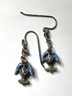 VINTAGE Antique CHINESE SMALL STERLING SILVER BLUE ENAMEL DROP PIERCED EARRINGS • $55