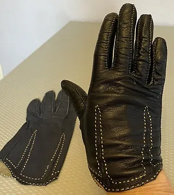 Vintage Black Leather Gloves 6 Short Wrist Tan Stitched Driving Style • $14.95