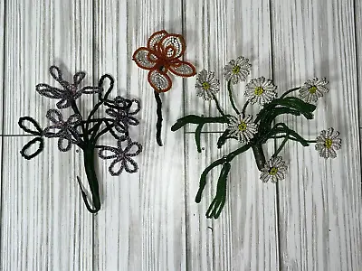 Vintage French Glass Seed Beaded Flowers 3 Short Stems • $40