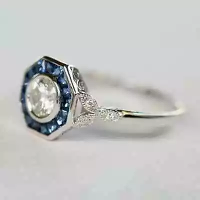 2Ct Round Cut Lab-Created Blue Sapphire Engagement Ring 14K White Gold Plated • $139.99