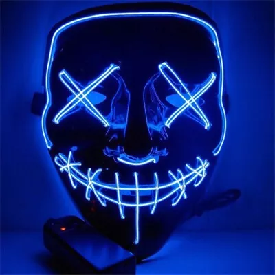 LED Purge Mask Glow In Dark Light Up Halloween Costume Scary Rave Festival -Blue • $22.95