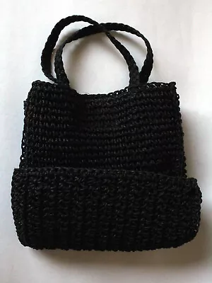 Black Macrame Hand Bag Woven Knotted Cloth Lining Dual Handles Magnetic Snap Top • $7.99