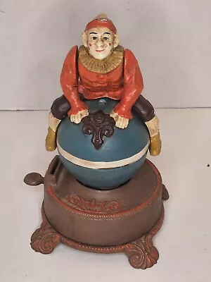 J & E Stevens Clown On Globe Cast Iron Mechanical Bank Repro Spinning Acrobat • $124.99