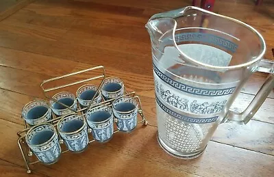 Vintage Mcm Jeanette Hellenic Blue Wedgwood Glass Pitcher 8 Shot Glasses In Rack • $44.99