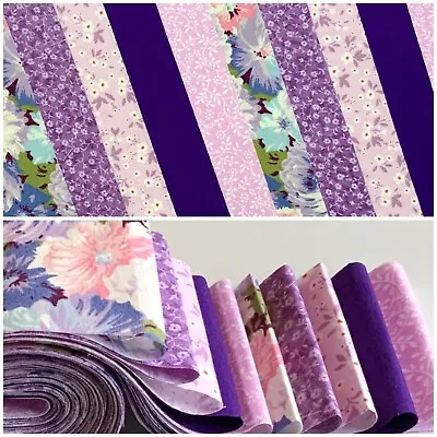 10 100% Cotton Fabric Strips 2.5” X 42” Jelly Roll Quilting Floral Purple Lilac • £6.50