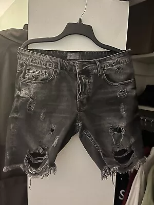 Zara Men's Black/Grey Distressed Ripped Denim Jean Shorts • $10