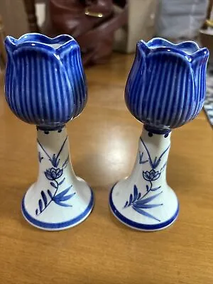 Vintage Delft Blue Signed Handpainted Tulip Candlestick White With Blue Floral • $25