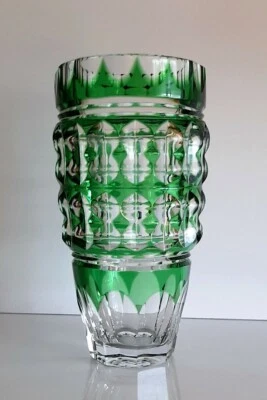 $249 • Buy Art Deco Emerald Green Cut To Clear Crystal Vase, Not Marked, Val St. Lambert? 