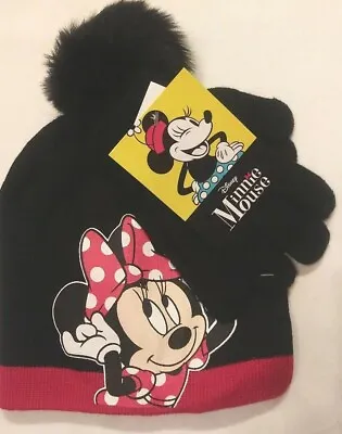 NWT Minnie Mouse Girls' Knit Hat And Gloves Beanie Disney Black.. • $12.99