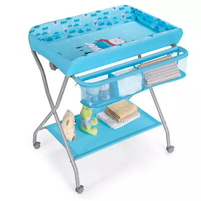 Rolling Baby Changing Table Folding Baby Diaper Changing Station W/ Large Basket • £49.95