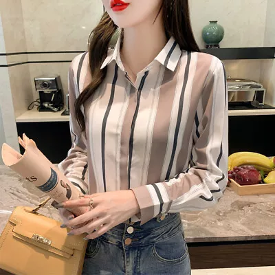 Women Chiffon Striped Button Down Shirt Vintage Business Long Sleeve Top Blouses • $11.22