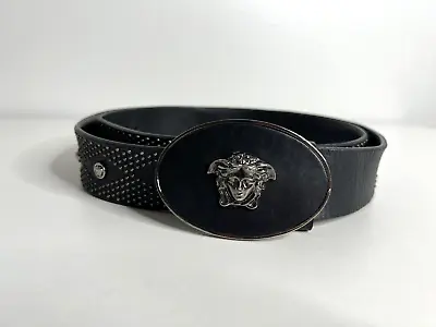 Versace DC44578 Black Studded Leather Belt Leather Gunmetal Medusa Head Buckle • $350