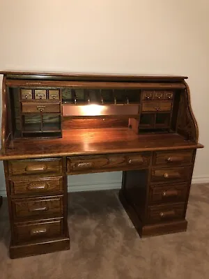 Vintage Solid Wood Secretary Desk With Hutch And Lamp • $4200