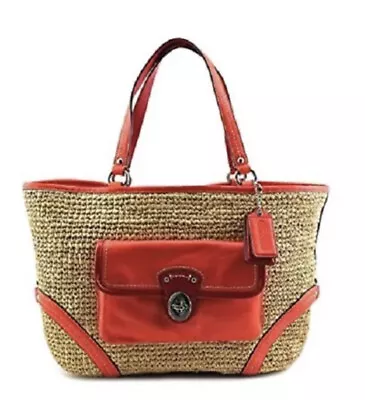 £68.55 • Buy Coach Natural Straw Tote Orange Sherbet Leather Trim Shoulder Offers Welcomed