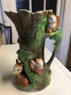 Eastgate Pottery Withernsea – Squirrels Deer & Fauna Tall Vase (marked No 96) • £9