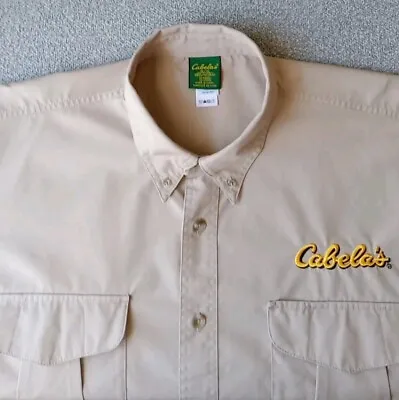 Cabela's Short Sleeve Khaki Button Down Safari Shirt Logo Spell Out Men's XL • $18