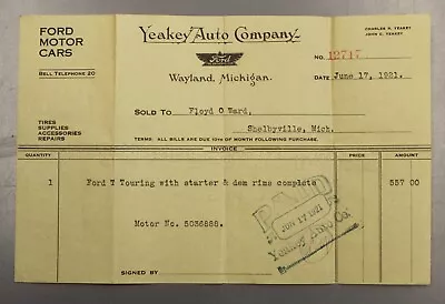 Original Vintage 1921 Ford Motor Cars Invoice Yeakey Auto Co. Wayland Michigan • $19.95