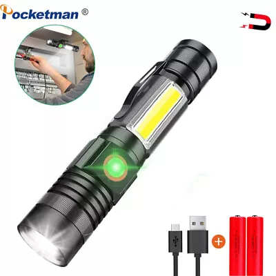 80000LM USB Rechargeable LED Flashlight Magnetic Torch With Cob Sidelight Clip*2 • $19.89