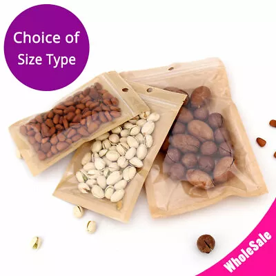 Assorted Sizes Clear Front Kraft Paper Back Mylar Flat Zip Lock Bag W/Round Hole • £82.42