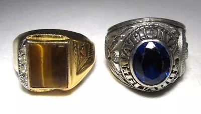 Vintage Mens Rings Lot Of 2 18K HGE Army National Guard Tiger's Eye C3815 • $75