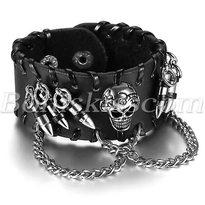 Gothic Mens Punk Black Leather Skull Bullet Chain Bracelet Wristband Bangle Cuff • $9.49