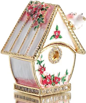 Bejeweled Enameled Animal Trinket Box Figurine With White Rhine Bird House Metal • $44.99