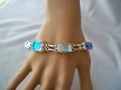 925 Sterling Silver Bezel Set Mystic Topaz Geometric Link Bracelet • $19.85