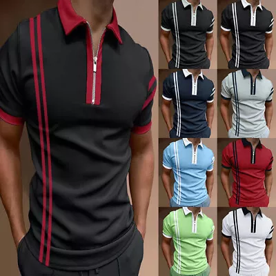 £11.39 • Buy Mens Striped Short Sleeve V Neck Polo Shirt Casual Tunic Work Golf Tops Blouse