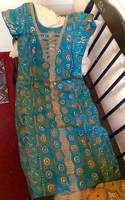 Vintage Indian Kurta/dress/top Teal Blue Cotton/rayon Sequins Gorgeous XS • $20