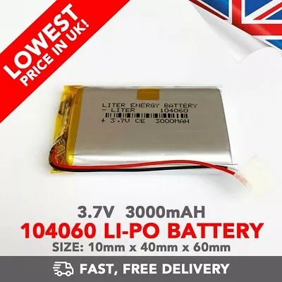 3.7V 3000mAh Li-Po Battery (104060) Rechargeable High Capacity Tablet PC +PCM6 • £9.49