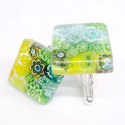 SOMA LINK 'Tropic' New Unique Square Glass & Silver Murano Millefiori Cufflinks • £17.50