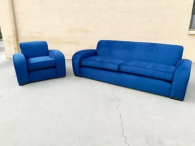 1930's French Art Deco Sofa And Chair Set Refinished In Blue Velvet • $5000