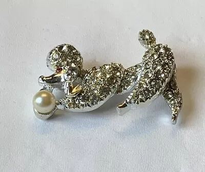 PELL Poodle Rhinestone Dog Brooch / Pin Signed! Vintage! Faux Pearl Beautiful • $15