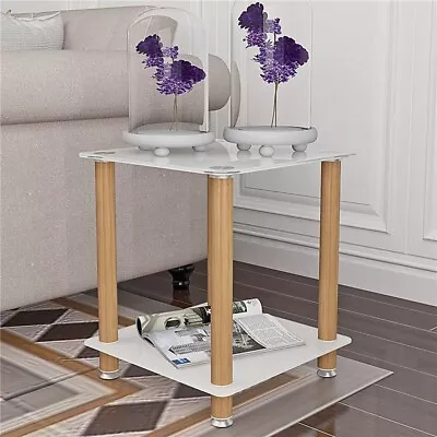 2-Tier Tempered Glass End Table Night Stand Modern White+Oak Side Coffee Table • $46.79