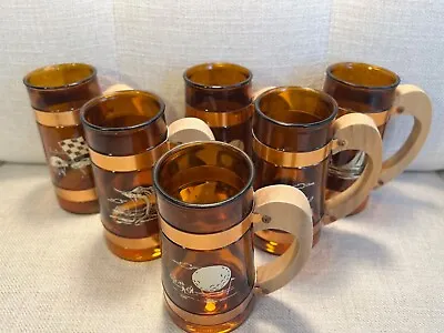 Vintage Siesta Ware Sports Beer Mug Set ~ Amber Glass Wood Handles ~ Bar Items! • $15