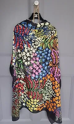 Ladies Black Colorful Flower Arty Design Print Long Large Neck Scarf • £48