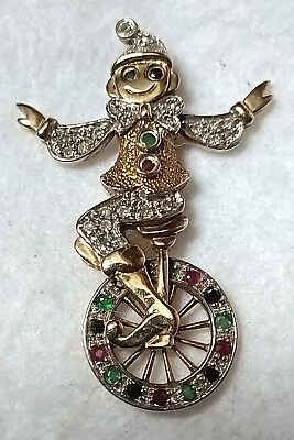 9ct Gold Clown Riding A Unicycle Pendant (Articulated)  Set With Precious Gems • £250