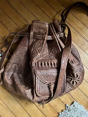 Leather Bucket Brown Shoulder Bag Bohemian Hobo Purse Drawstring Leather Bag • $40