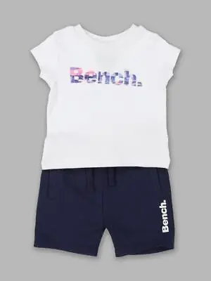 New Bench Baby Girls Toddler T-Shirt & Shorts Outfit 2 Piece Set Logo Pink Navy • £13.95