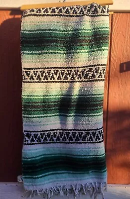 Vtg Cuamatzi Mexican Textiles Blanket Throw Serape Made In Mexico Green 50 X 70 • $45