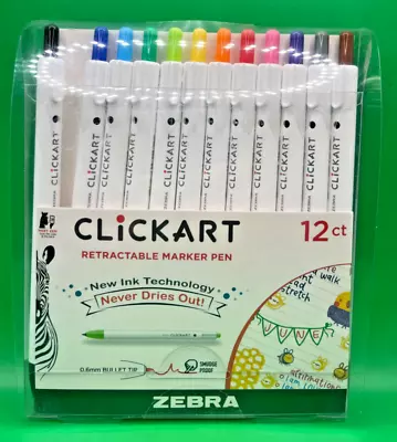 Zebra ClickArt Retractable Marker Pens 12 Colors 0.6mm Bullet Point Felt Tip NEW • $11.75