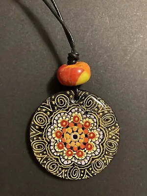 Hand Painted Round Wooden Pendant Floral Mandala Necklace 2” • $16