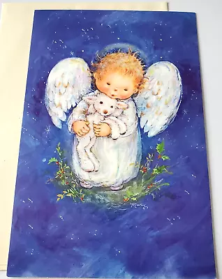 Vintage Christmas Card Mary Hamilton Cute Angel Holding Lamb Glittery Hallmark • $3.50