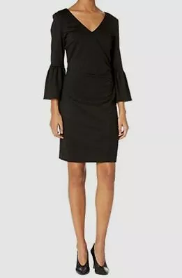 $359 Nicole Miller Women's Black Ponte Bell-Sleeve V-Neck Sheath Dress Size 4 • $75.98