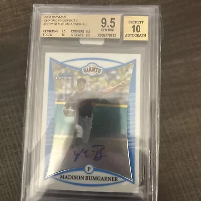 Madison Bumgarner 2008 Bowman Chrome Prospects RC BGS 9.5/10 Auto Gem Mint + • $300