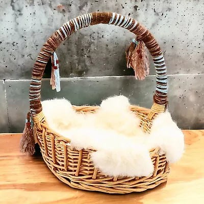 Native American Style Woven Basket Lined With Genuine Rabbit Fur Yarn On Handle • $20