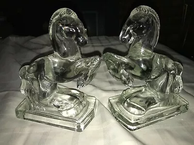 L.E.Smith 40s Clear Glass ART DECO Rearing HORSE BOOK ENDS Heavy 7½ × 6  3lbs Ea • $45