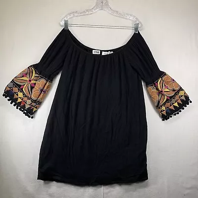 VaVa By Joy Han Boho Embroidered Black Off Shoulder Dress Tunic Small • $17.99