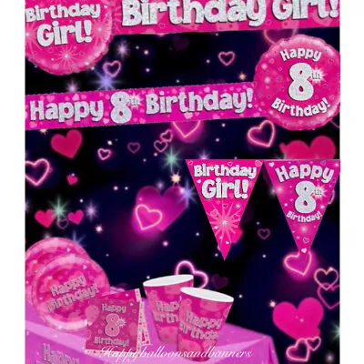 Pink Silver Themed 8th Birthday Balloons Bunting Banners Table Party Decorations • £2.65