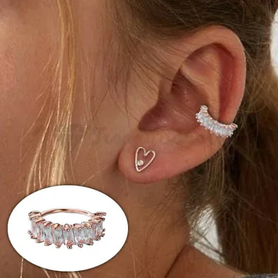 18ct Rose Gold Plated CZ Pave Ear Cuff No Piercing Clip On Wrap Earrings 1 Piece • £3.99